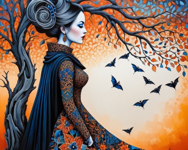 Woman by a tree in a mystical twilight setting
