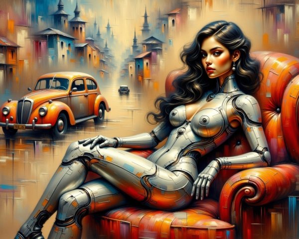 Futuristic Robot Woman in Vintage Armchair Setting
