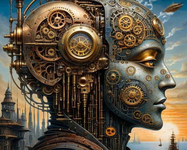 Steampunk Robot with Mechanical Features and Landscape