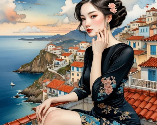 Coastal Scene with Woman in Traditional Floral Dress