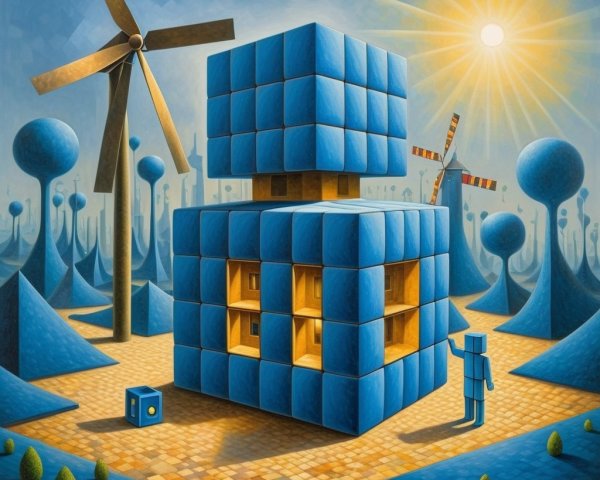 Surreal Landscape with Blue Cube and Whimsical Elements