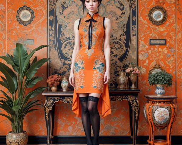 Elegant Woman in Floral Dress with Vintage Decor