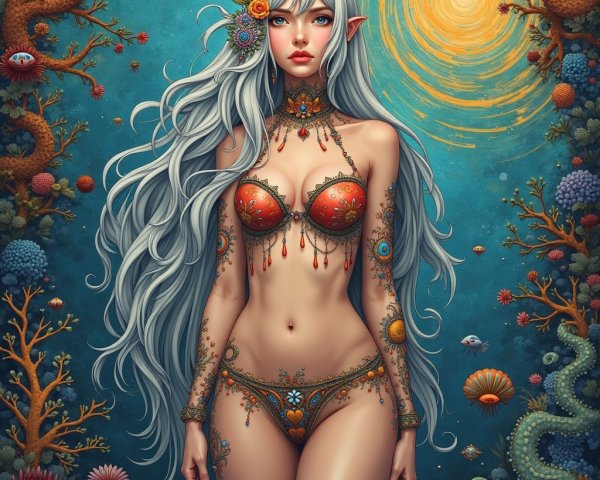 Fantastical Woman with Silver Hair in Colorful Setting