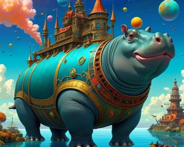 Vibrant Blue Hippopotamus as a Floating Castle Scene
