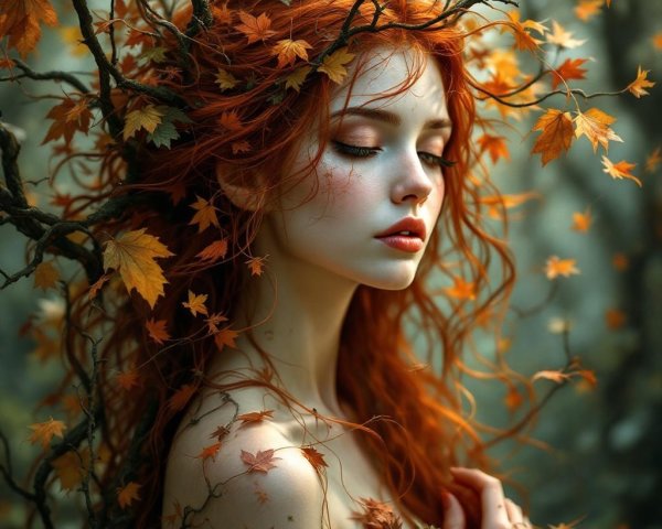 Young Woman with Red Hair in Misty Autumn Forest