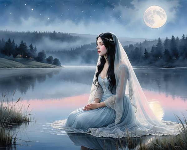 Young Woman in Blue Gown by Calm Lake at Night