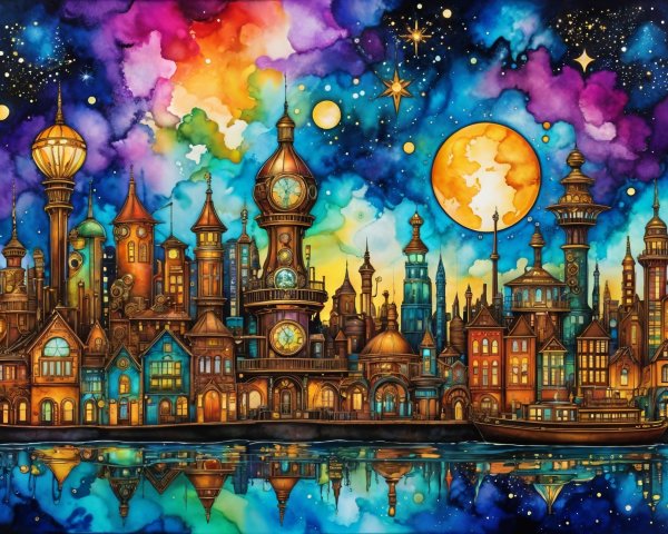 Vibrant Cityscape Under Cosmic Sky with Reflective Water