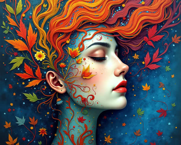 Stylized profile of a woman with orange hair and leaves