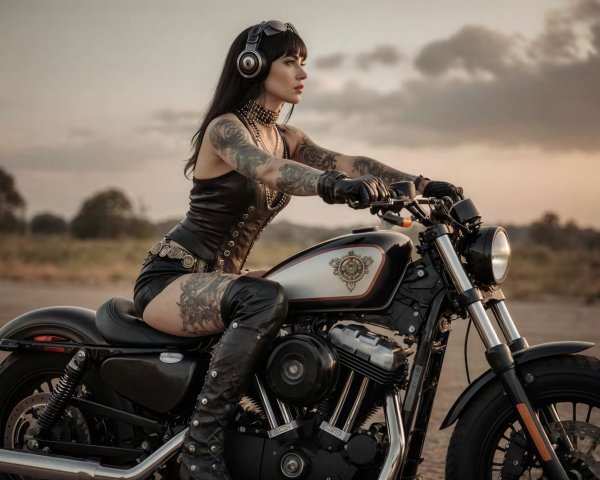 Tattooed Woman on Black Motorbike in Stylish Outfit
