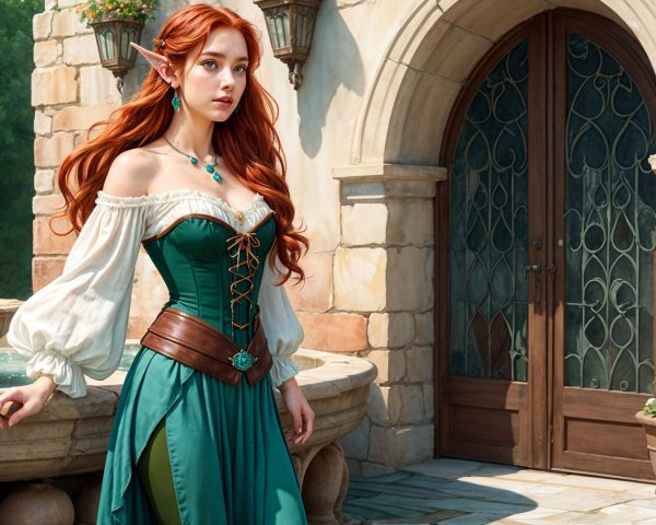Young woman in green gown by stone fountain
