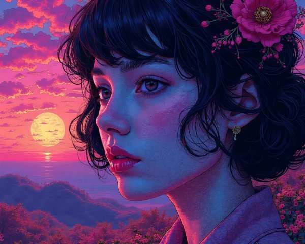 Close-up portrait of a woman with floral hair adornment