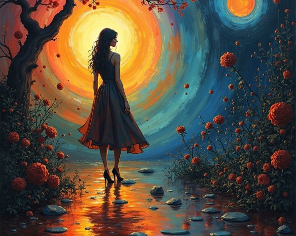 Silhouette of a Woman by a Colorful Waterway