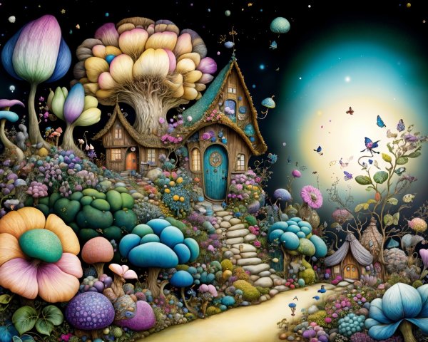 Whimsical Landscape with Colorful Mushrooms and Flora