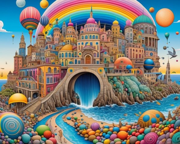 Whimsical Seaside City with Colorful Skyline and Waterfall