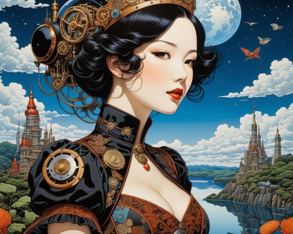 Regal Figure in Black Gown Against Vibrant Landscape