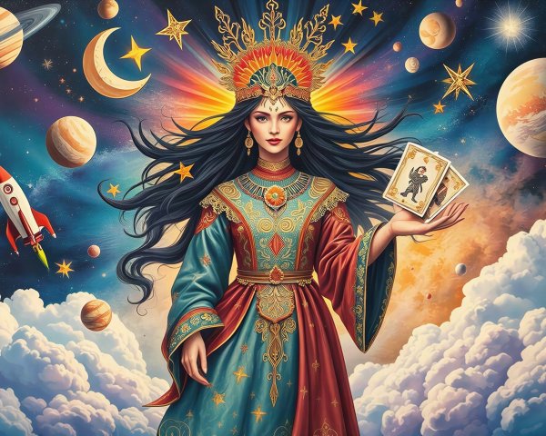 Mystical Sorceress in Vibrant Gown with Tarot Cards