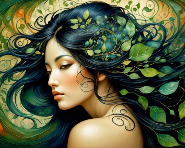 Serene Woman with Dark Hair and Nature Elements