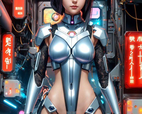 Futuristic Cyborg Woman Portrait in Neon Urban Setting