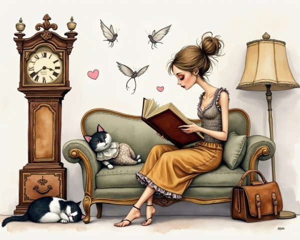 Cozy Scene with a Woman Reading on a Green Sofa