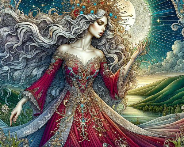 Mystical Woman in Red Gown with Silver Hair and Moon