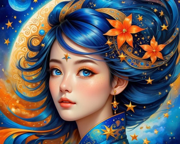 Portrait of a Woman with Blue Hair and Cosmic Background