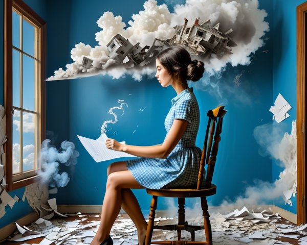 Young woman in blue dress amidst scattered papers and clouds