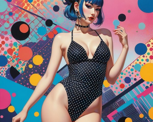 Vibrant Portrait of Woman in Polka-Dot Swimsuit