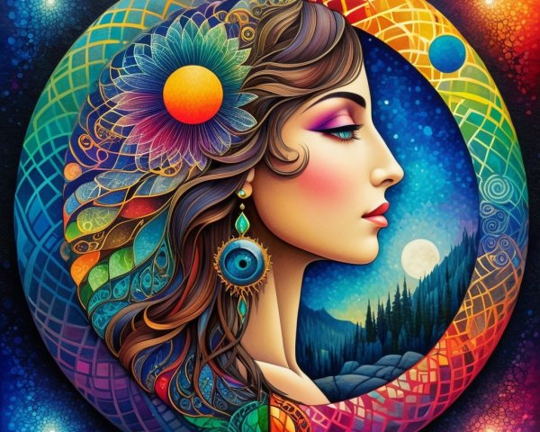 Vibrant Profile of Woman with Colorful Patterns and Nature