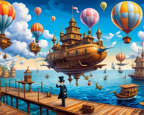Oversized Steampunk Airship Over Vibrant Blue Sea