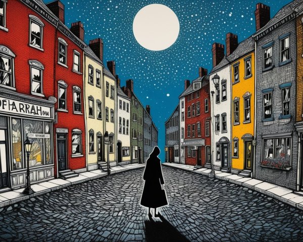 Silhouette on Cobblestone Street Under Full Moon
