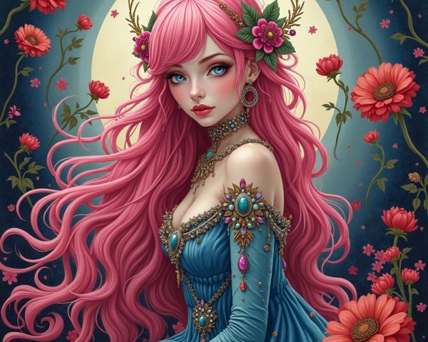 Fantasy Portrait of Woman with Pink Hair and Moonlight