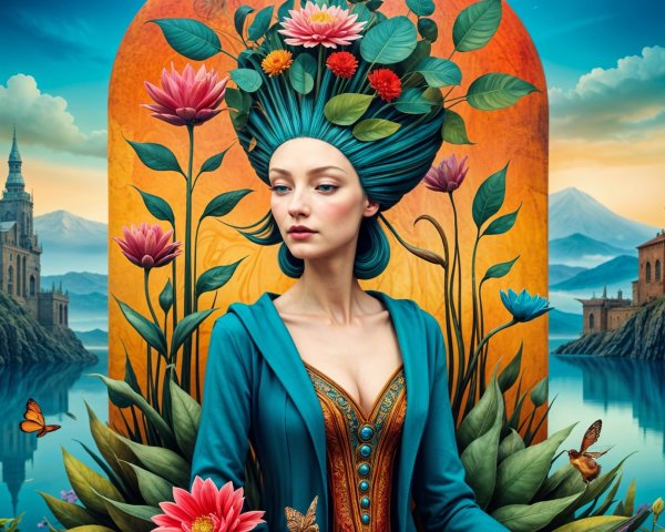 Regal figure in teal gown amidst flowers and mountains