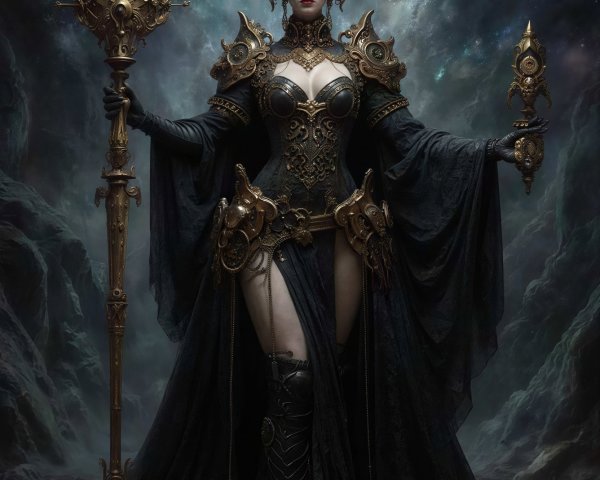Dark Sorceress in Regal Attire with Ornate Staff