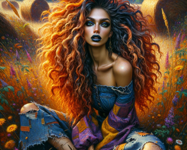 Woman with vibrant curly hair in a wildflower field