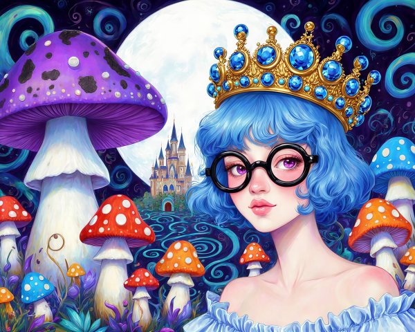Anime Artwork of a Princess with Blue Hair and Mushrooms