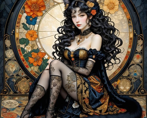 Elegant Figure in Black Gown with Stained Glass Backdrop