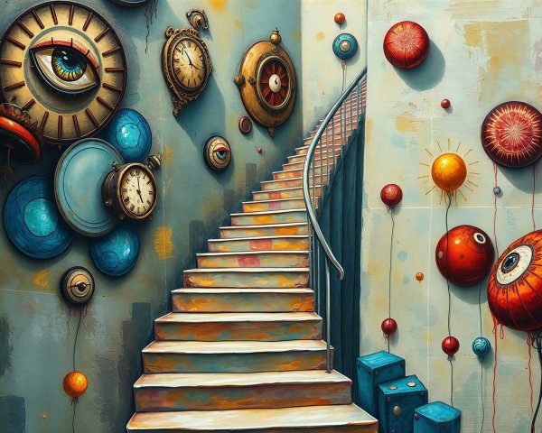 Surreal Steampunk Interior with Colorful Staircase