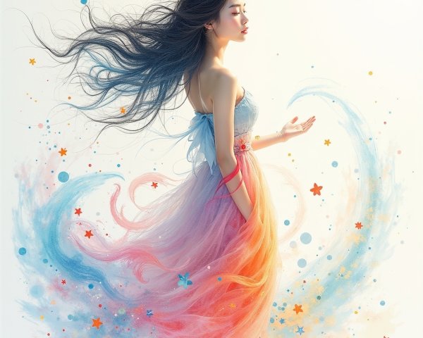 Elegant Figure in Pastel Dress with Butterflies and Stars