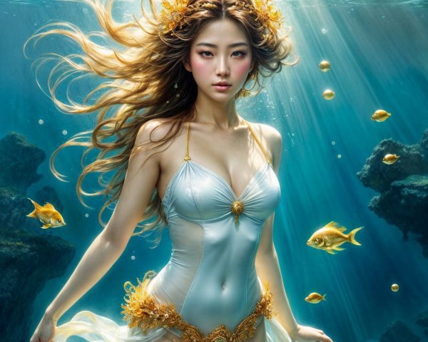 Underwater Scene with Graceful Figure in Silver Outfit
