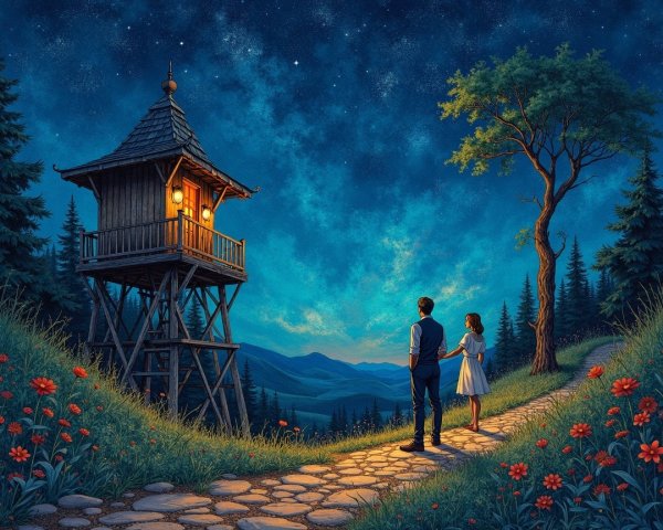 Twilight Landscape with Couple and Wooden Watchtower