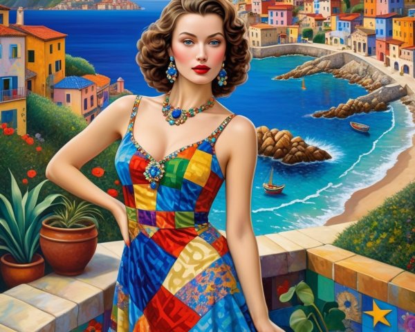 Glamorous Woman in Colorful Dress by Coastal Village
