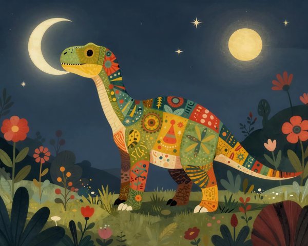 Whimsical Dinosaur Illustration in a Lush Night Landscape