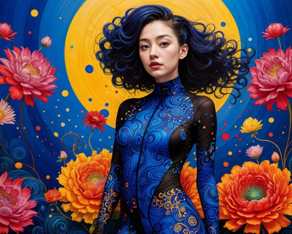 Woman with Dark Blue Hair and Colorful Floral Background