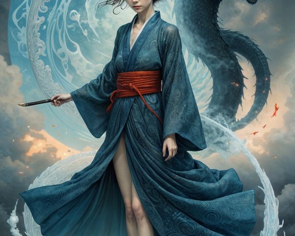 Young Woman in Blue Kimono with Majestic Dragon