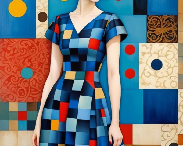 Stylish Woman in Vibrant Geometric Dress and Background