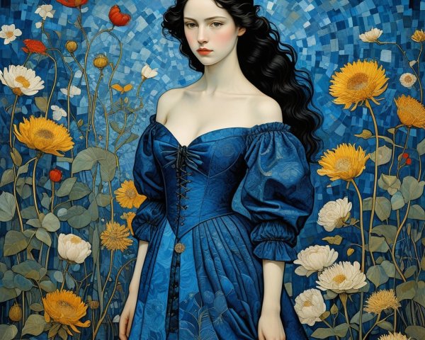 Young Woman in Blue Gown Surrounded by Colorful Garden