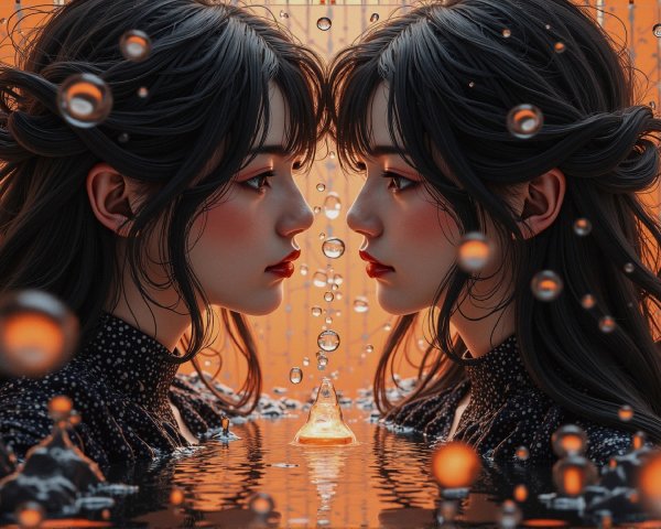 Identical Figures in Surreal Dreamy Setting with Bubbles