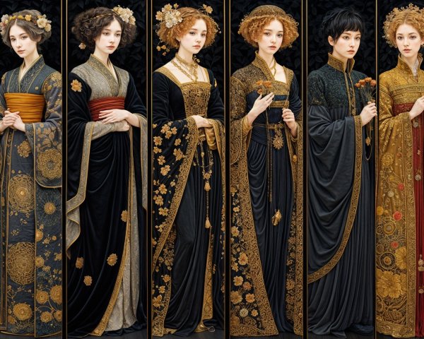 Elegant Attire Collection with Ornate Dresses and Fabrics