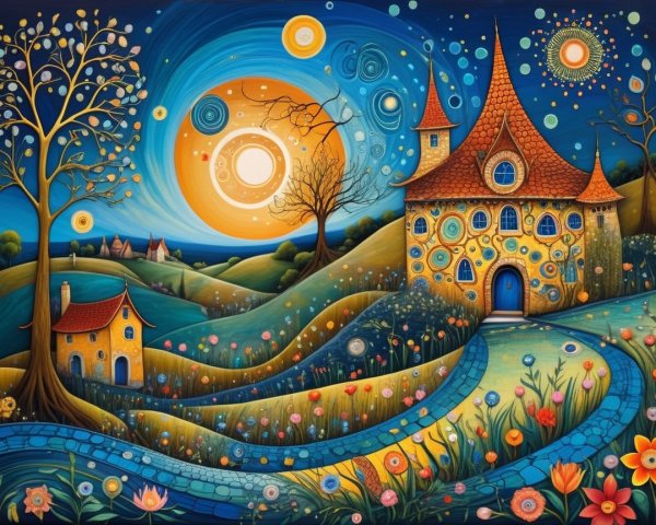 Whimsical Landscape with Colorful Hills and Houses
