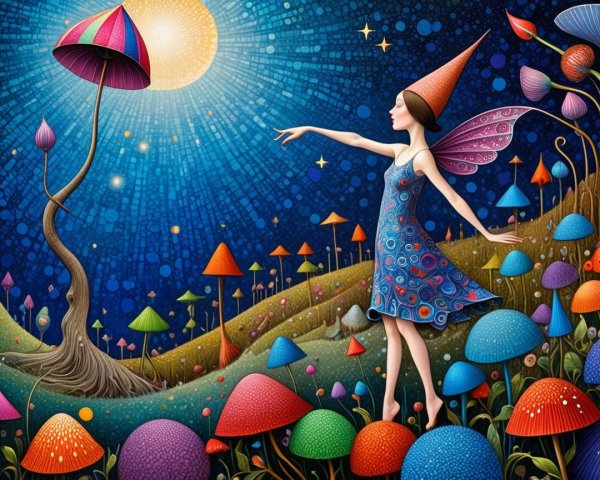 Whimsical Fairy Scene with Colorful Mushrooms and Stars